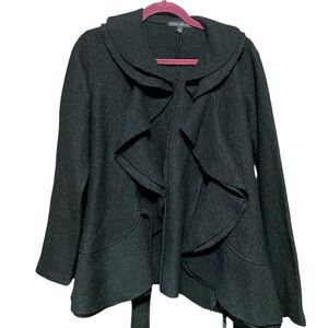 Elena Solano Black Boiled Wool Short Ruffle Jacket Blazer‎ Sz S Elegant Feminine